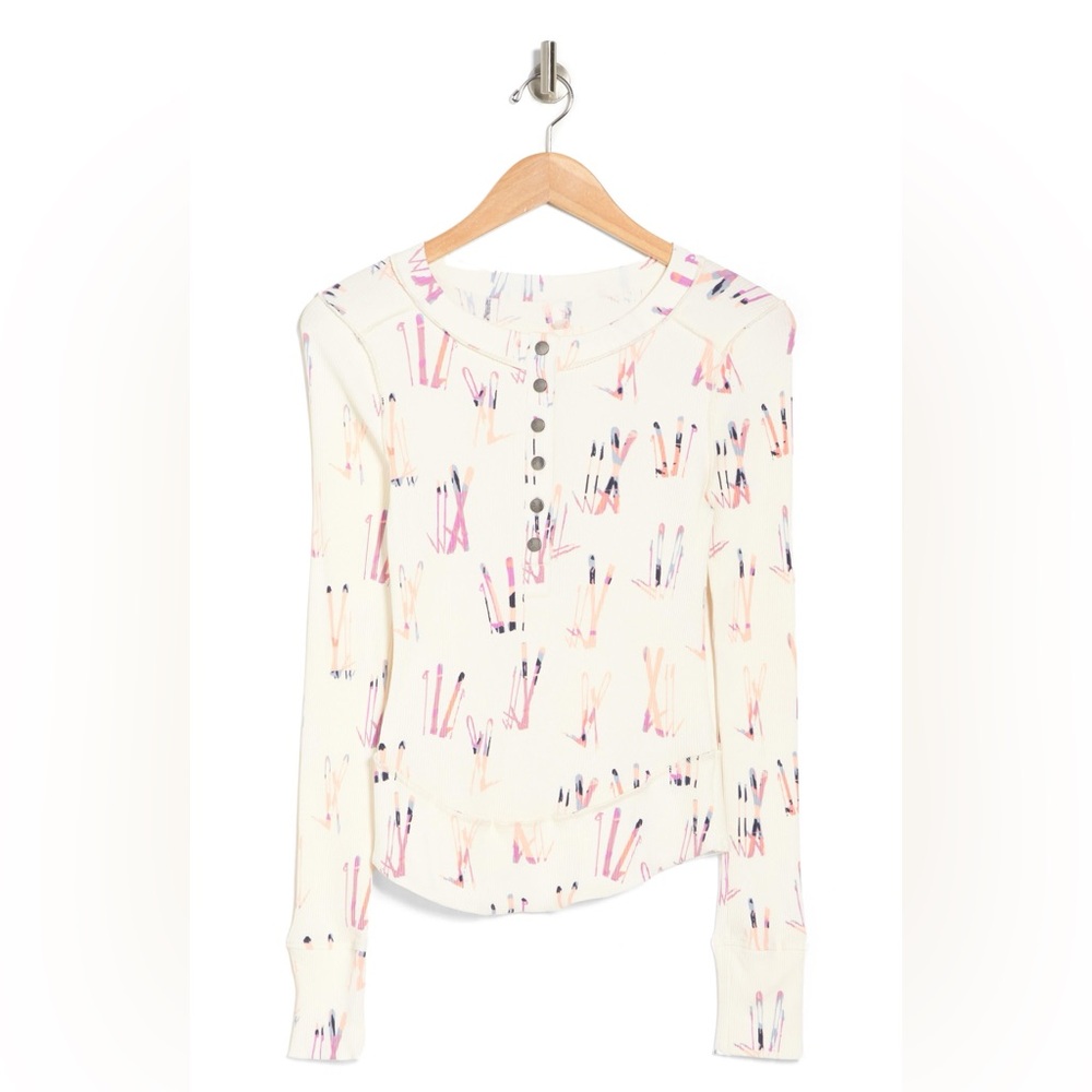 Free People FP Movement Women's Rally Printed Long-Sleeve Henley Knit Layer Skis - Picture 2 of 16